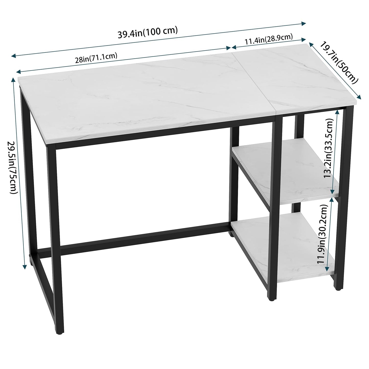 SINPAID Computer Desk 40 inches with 2-Tier Shelves Sturdy Home Office Desks with Large Storage Space Modern Gaming Desk Study Writing Laptop Table, Black Marbling (White Marble, 40 inch)