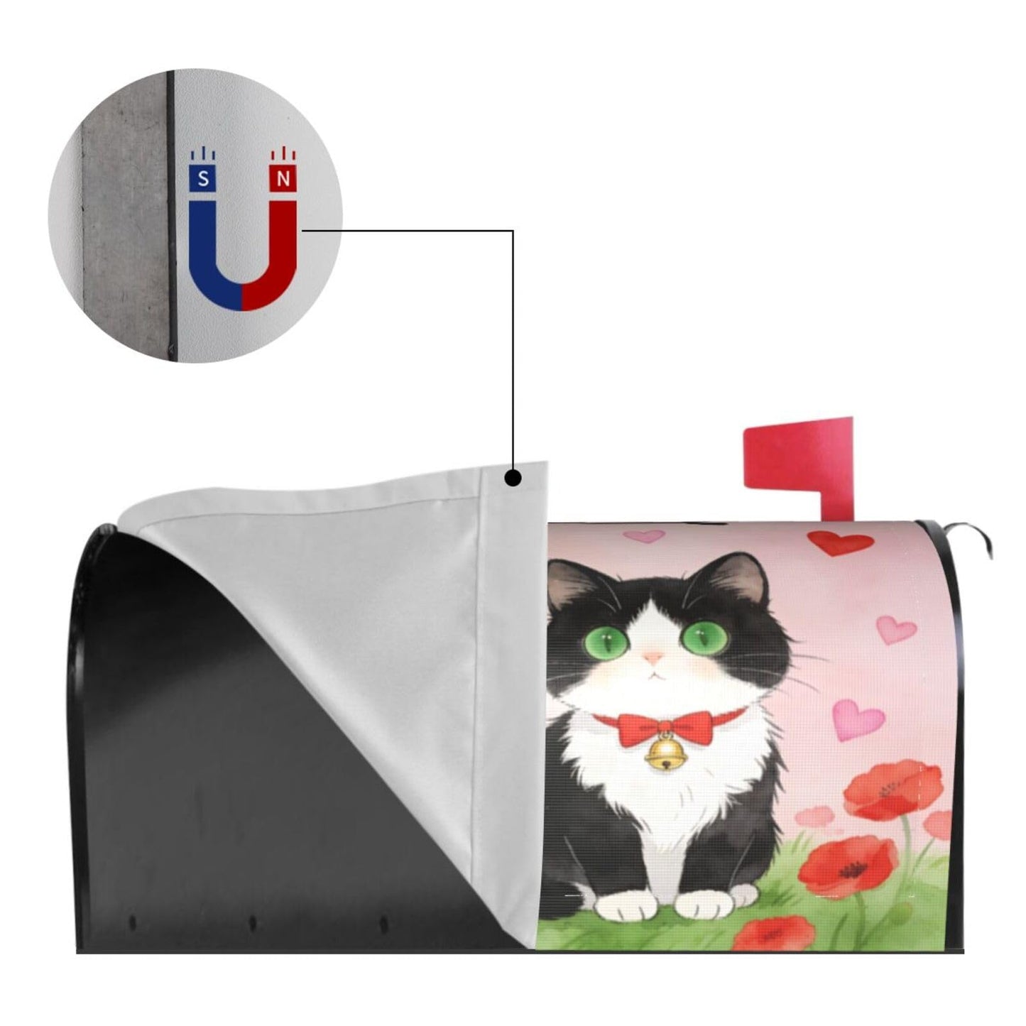 Love Cat Red Flowers Magnetic Mailbox Covers, Mail Wraps Garden Yard Home Decor for Outdoor Standard Size 21x18 in