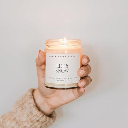 Sweet Water Decor Let it Snow Christmas Scented Candles - Christmas Stocking Stuffers Soy Candles with Cypress Scent - Christmas Candles with 40 Hours Burn Time - 9Oz Gold Lid Clear Jar Wax Candles