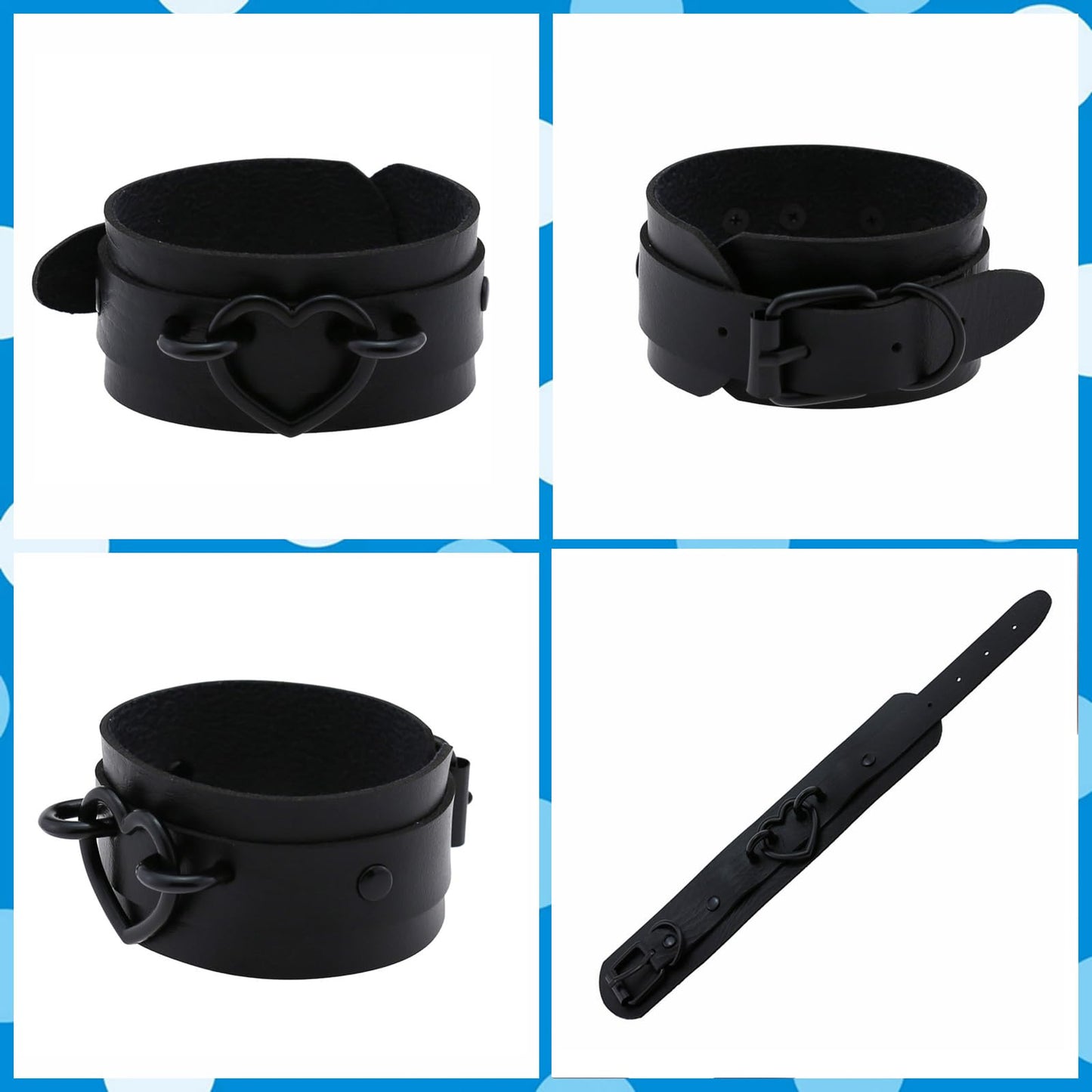 Tosmifairy 3Pcs Leather Choker Collar Set,Heart Necklace + Wide Wrist Bracelets Combo Punk Gothic Cosplay Jewelry Gift for Women,Black-All