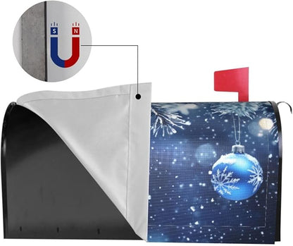 Festive Magnetic Mailbox Cover Blue Ball Christmas Pattern Outdoor Mailbox Protector Holiday Seasonal Decorative Garden Yard Home Standard Size 21 x 18 Inch