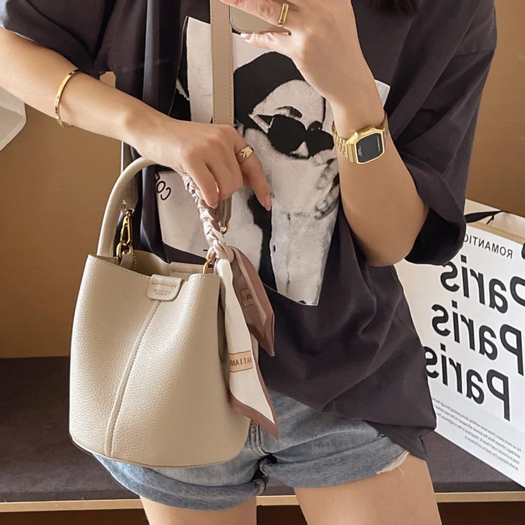 RTPRTP Small Crossbody Bags for Women, Vegan Leather Mini Bucket Handbag with Scarf, Removable Shoulder Strap Purse (white)
