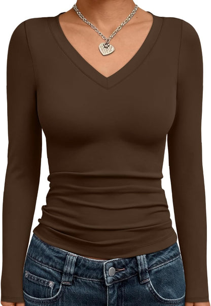 Trendy Queen Long Sleeve Shirts for Women 2025 Fall Fashion V Neck Basics Crop Tops Slim Fitted Y2K Tops Outfits Clothes