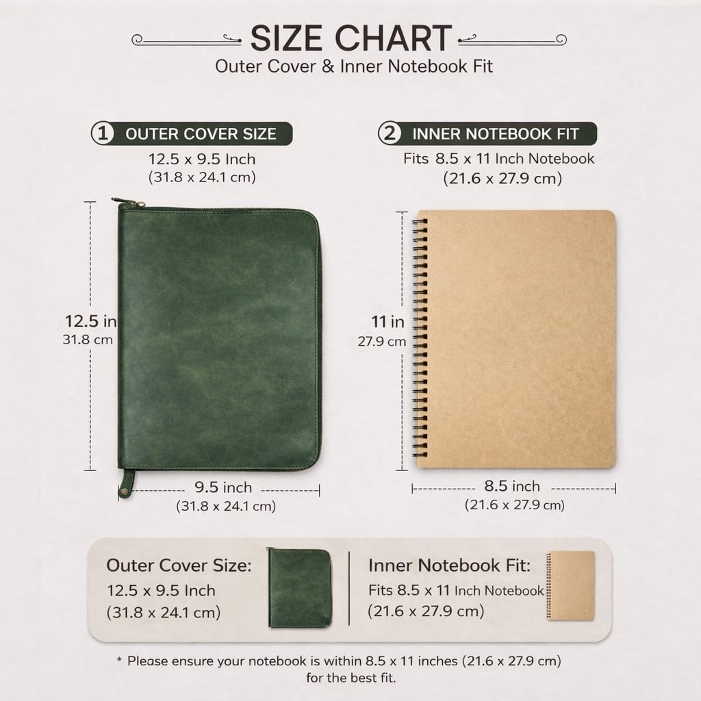 CestAntiQ, Heavy Duty Full Grain Leather Journal Cover (8.5 x 11 in.), Refillable Cahier XXL, Refillable Spiral Notebook (8.5 x 11 in.), Handmade Zippered Leather Journal Cover (Green)