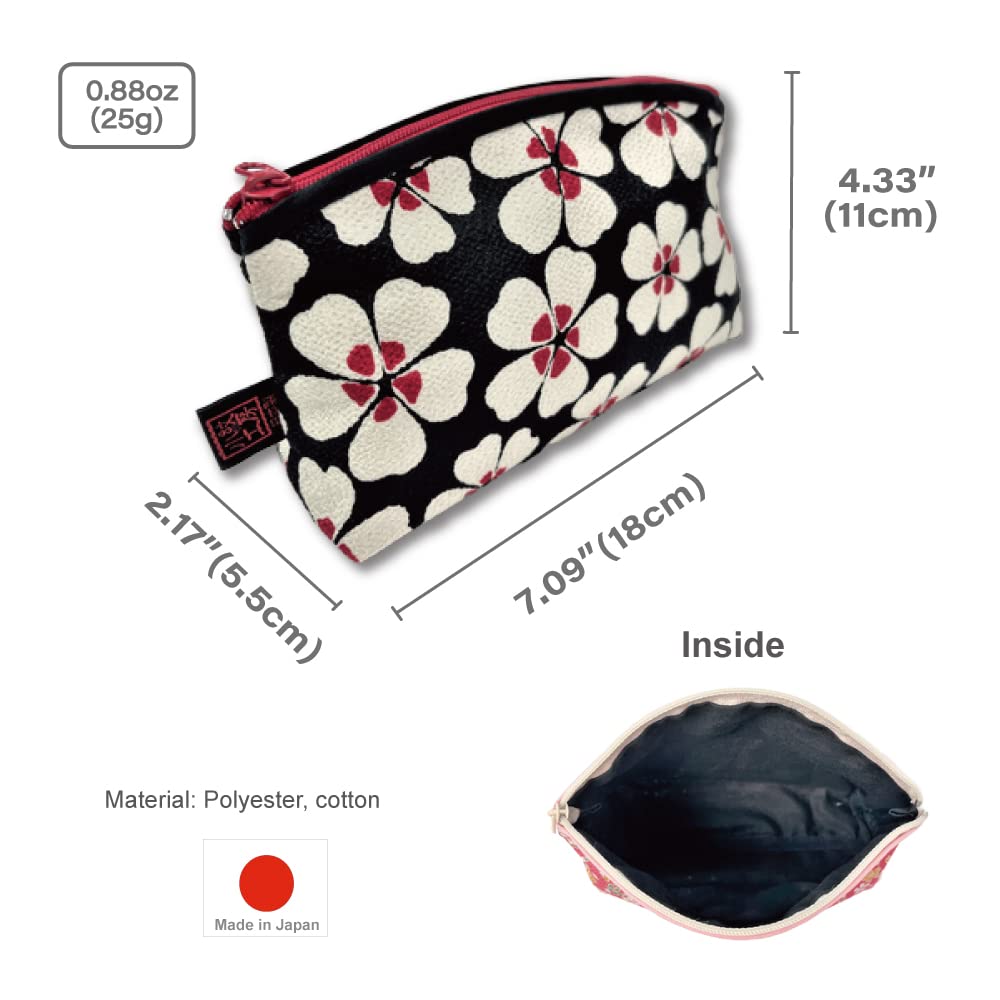 Small Makeup Bag for Purse [ Made in Japan] Traditional Edo Komon Design Cute Cosmetic Pouch (Cherry Blossom (Black))