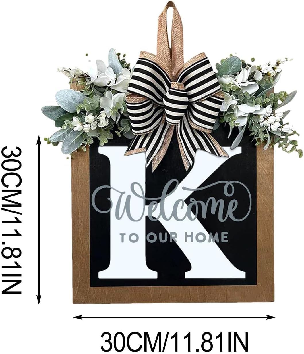 Last Name All Year Round Front Door Wreath with 26 Initial Letter Welcome Sign All Seasons Eucalyptus Garland and Bow ，Farmhouse, Porch, for Spring Summer Fall All Seasons Holiday Halloween Christmas.（K）