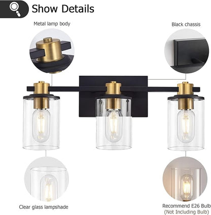 stambord 3 Light Bathroom Vanity Light, Black and Gold Light Fixtures, Sconces Wall Lighting with Glass Shade, Modern Brushed Vanity Lights for Bedroom, Hallway
