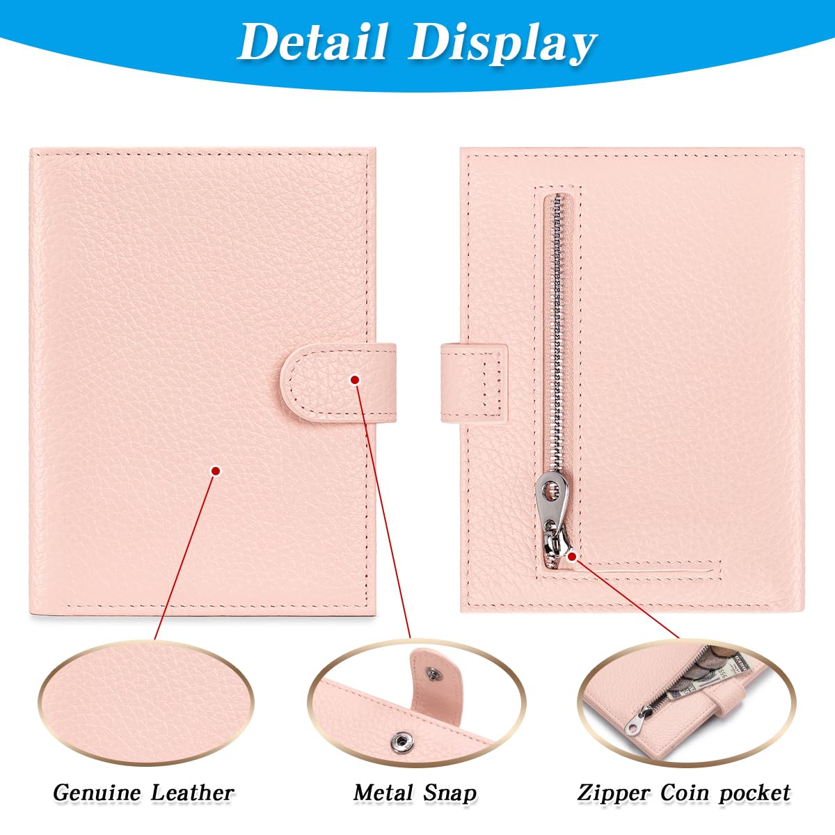 FREYAMIRA Passport Holder for Travel Women RFID Blocking Genuine Leather Passport Wallet with Card Slots, Zipper Coins Pocket, Cash Holder, Pink