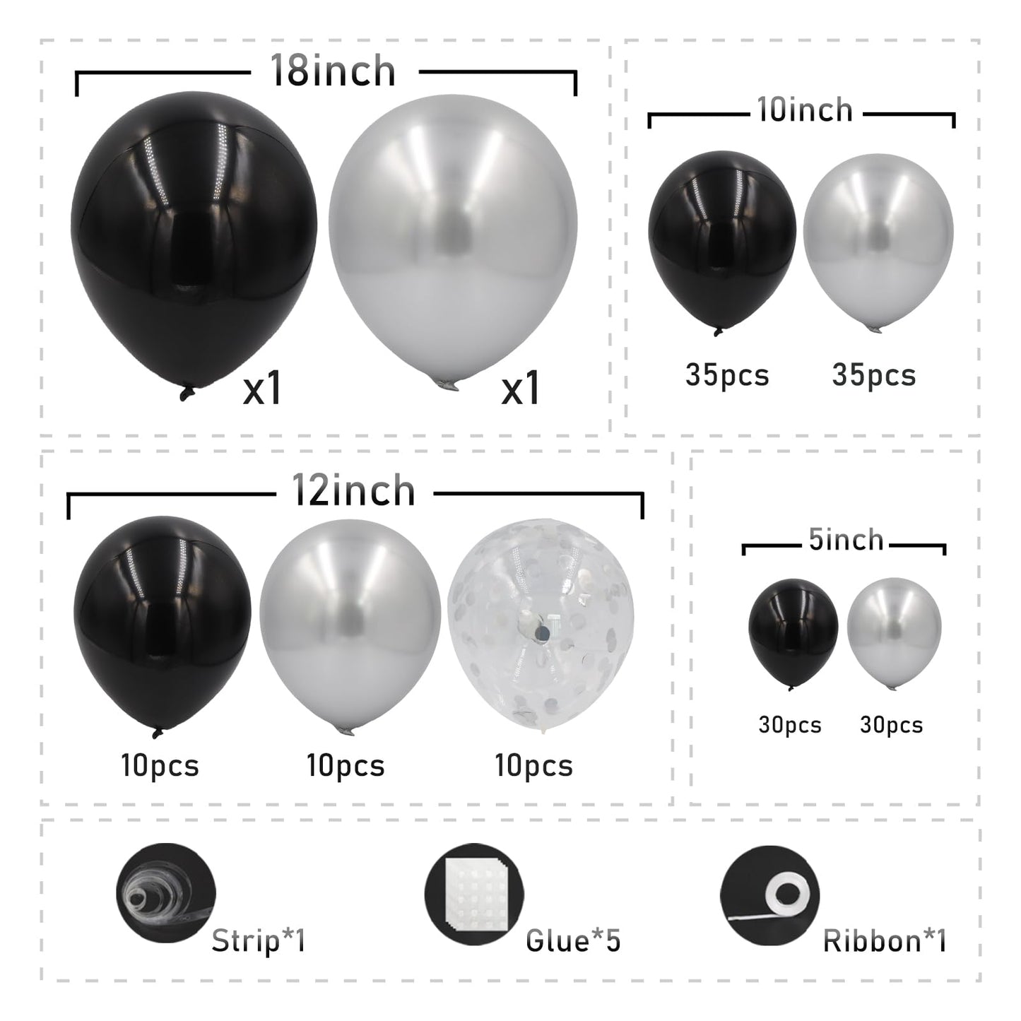 Black and Silver Balloons Arch Kit, 162pcs Different Sizes with Black Metallic Silver Confetti Balloons for Prom Anniversary Birthday 2025 Graduation Party Decorations