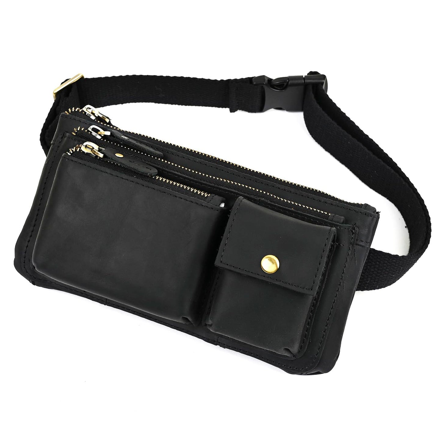 Handadsume Water Resistant Canvas + Leather Hiking Riding Travel Fanny Waist Pack Small Phone Pouch For Men Women FB811-29 (100% Leather-Thick Black)