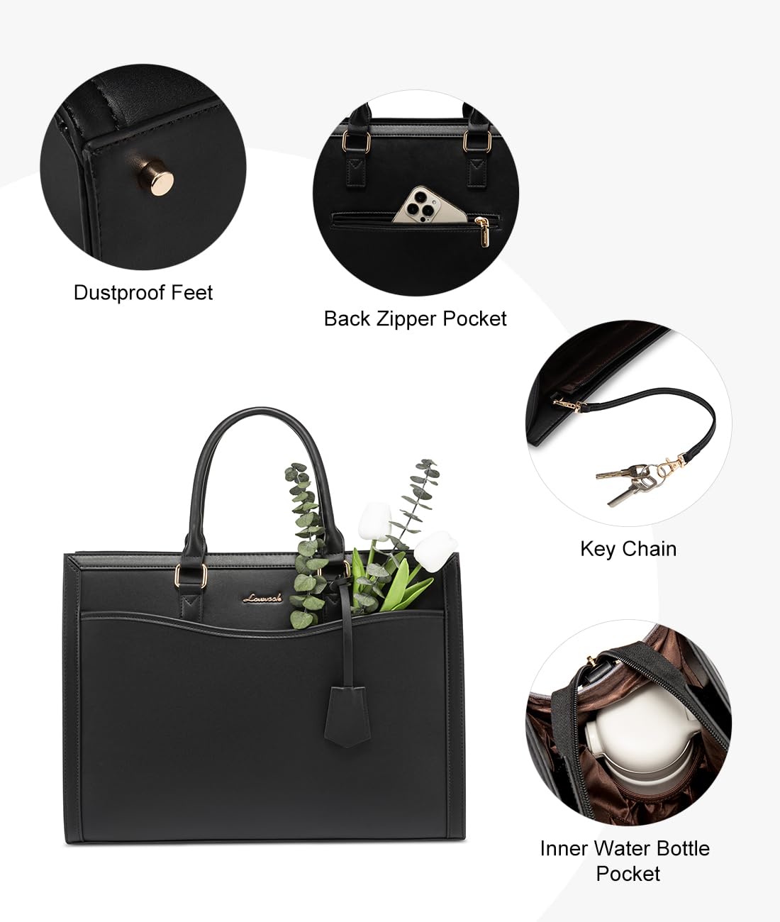 LOVEVOOK Laptop Tote Bag for Women, Leather Office Work Bag Briefcase fit for 15.6 inch Laptop, Large Teacher Computer Bag Handbag,2pcs Set Leather/Black