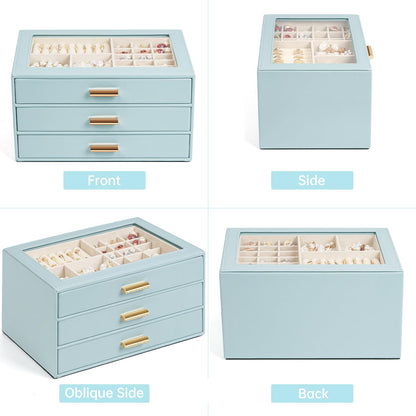 AKOZLIN Jewelry Box with Clear Lid Functional Leather Jewelry Storage Organizer Case 3 Drawers for Women Girls Necklace Ring Bracelet Earring