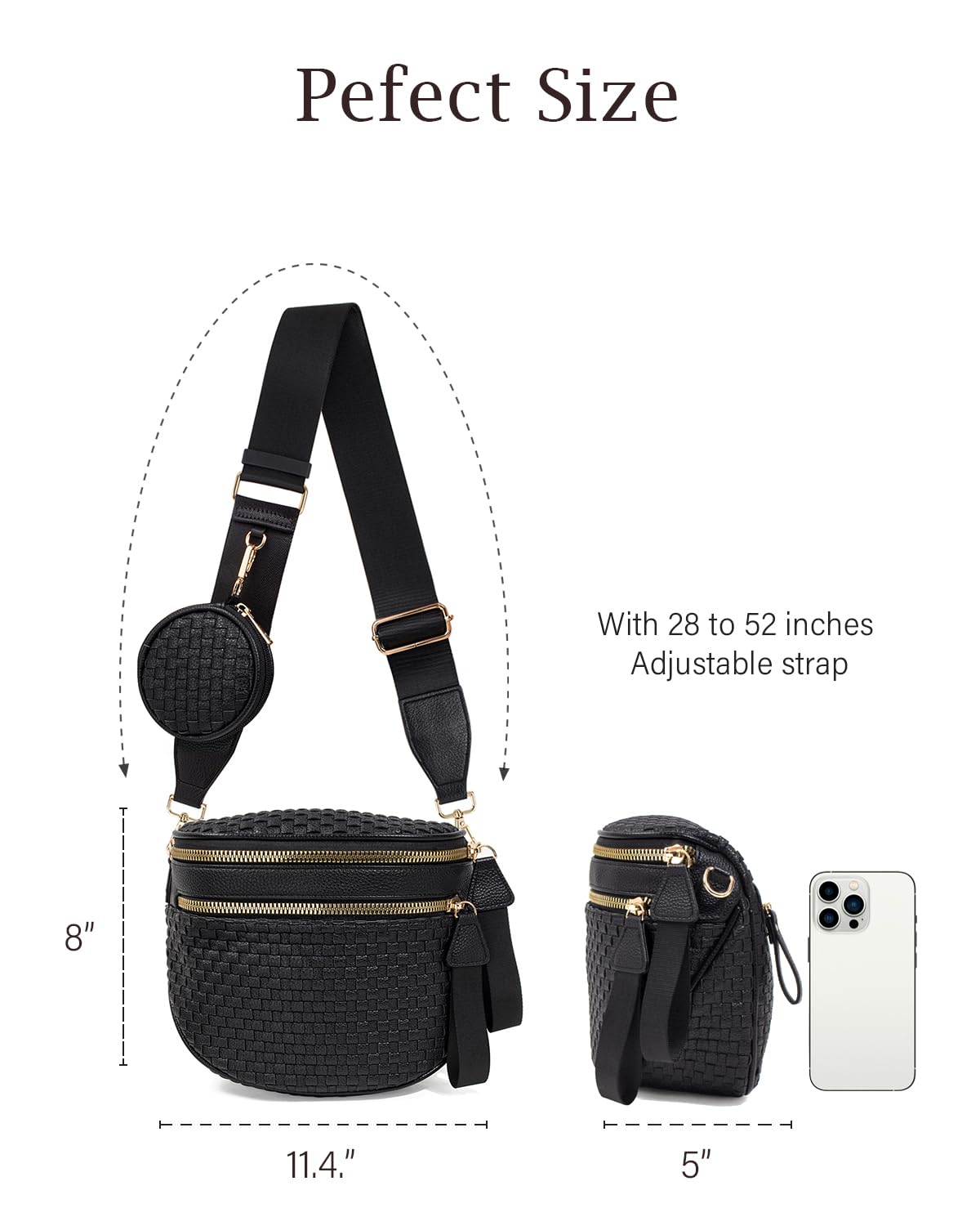 Valentoria Large Woven Leather Crossbody Bags for Women Bum Bag Sling Bag Purse With Adjustable Strap Detachable Wallets Must Haves Cross body Bag (Black Checkered)