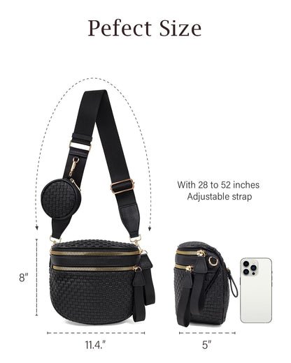 Valentoria Large Woven Leather Crossbody Bags for Women Bum Bag Sling Bag Purse With Adjustable Strap Detachable Wallets Must Haves Cross body Bag (Black Checkered)