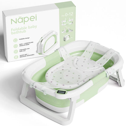 napei Collapsible Baby Bathtub,Baby Bath Tub with Soft Cushion & Thermometer,Baby Bathtub Newborn to Toddler 0-36 Months,Portable Travel Baby Tub