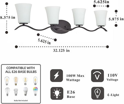 4 Light Bathroom Vanity Light Fixture, Oil Rubbed Bronze Vanity Light Fixtures with Milky White Glass Shade, Modern Bathroom Wall Sconces Lights Over Mirror