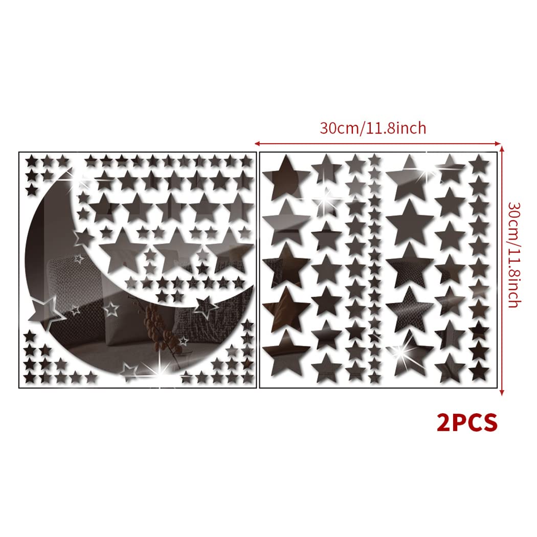 Moon and Stars Mirror Wall Stickers, Removable Acrylic Crescent Moon and 146 PCS Stars Wall Mirror Stickers Decals, 3D Moon Star Art Wall Decoration for Baby Kid Bedroom Living Room Ceiling (Silver)