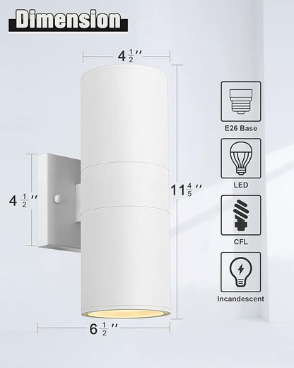 Ken & Ricky White Outdoor Wall Sconce, Outside Up and Down Wall Lights, Modern Exterior Light Fixtures with Tempered Glass Cover for House Porch Garage Patio Front Door -1 Pack