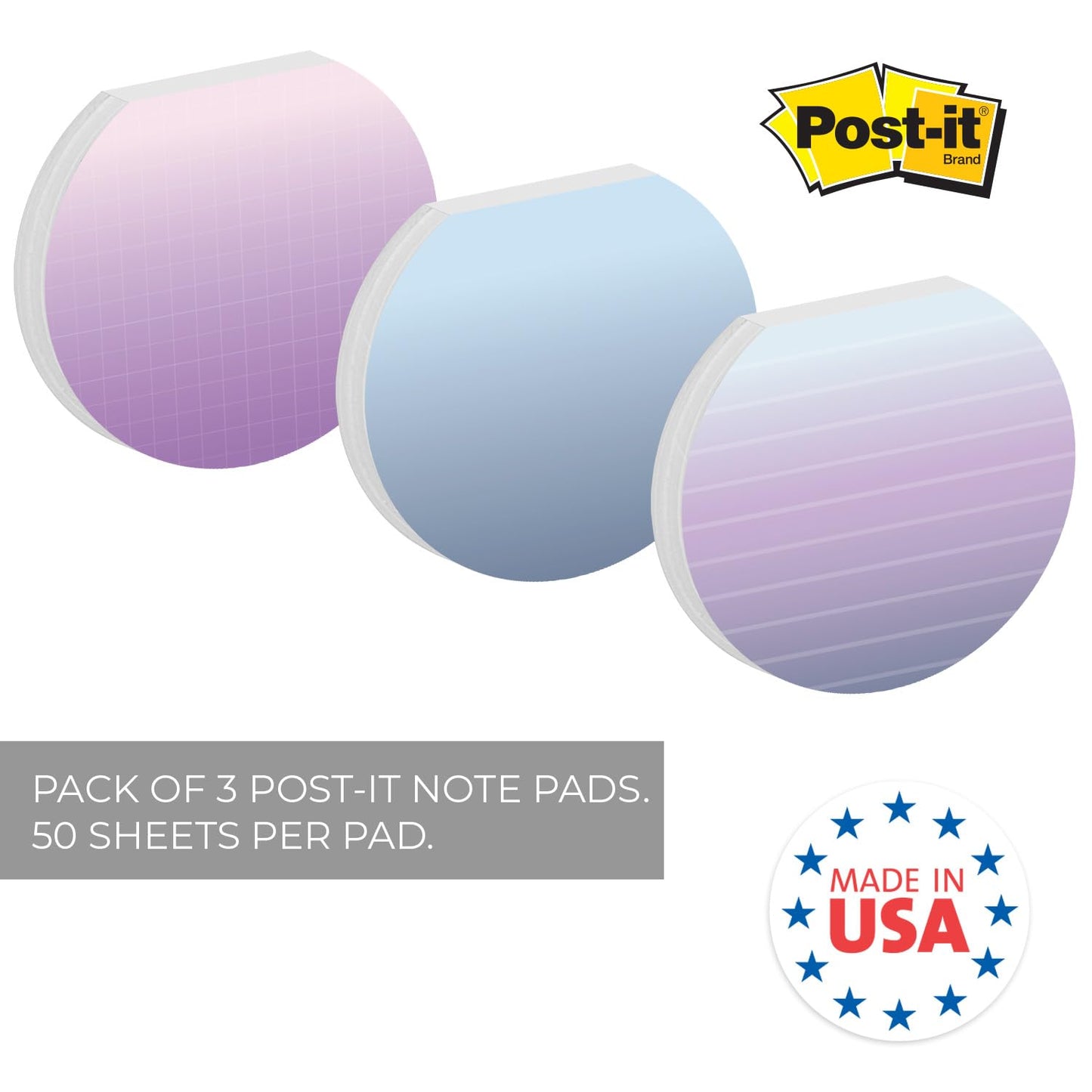 Ombre Sticky Note Pad Assortment/Set of 3 Round Flat Top Striped Planner Note Pads / 3.5" Grid Sticky Notes / 50 Sheets Per Pad/Made in USA