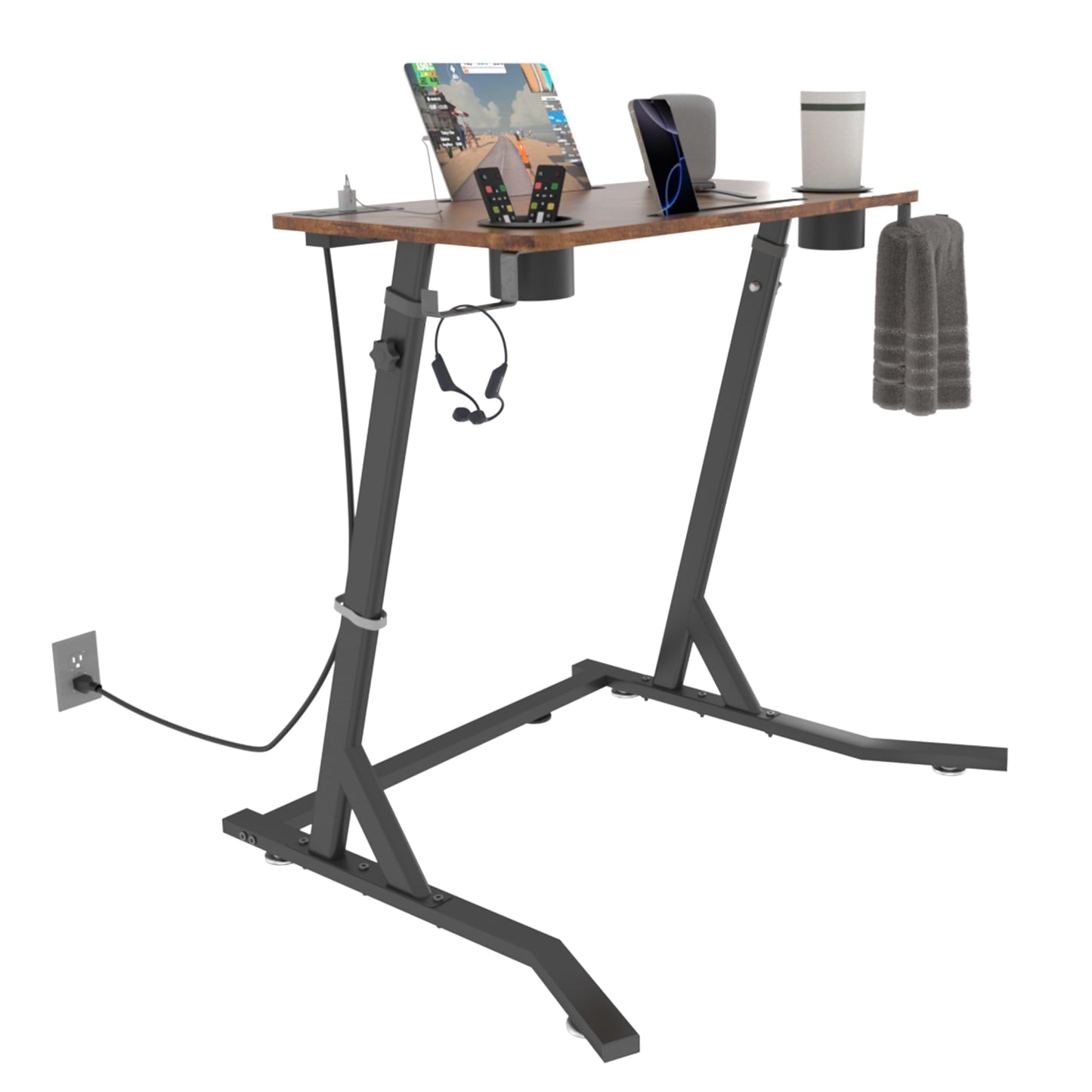 OrigoDeco Indoor Cycling Desk, Adjustable Standing Desk for Walking Pad, Bike Trainer Desk with Power Socket, for Indoor Cycling Treadmill & Office Use, Exercise While Working or Watching TV