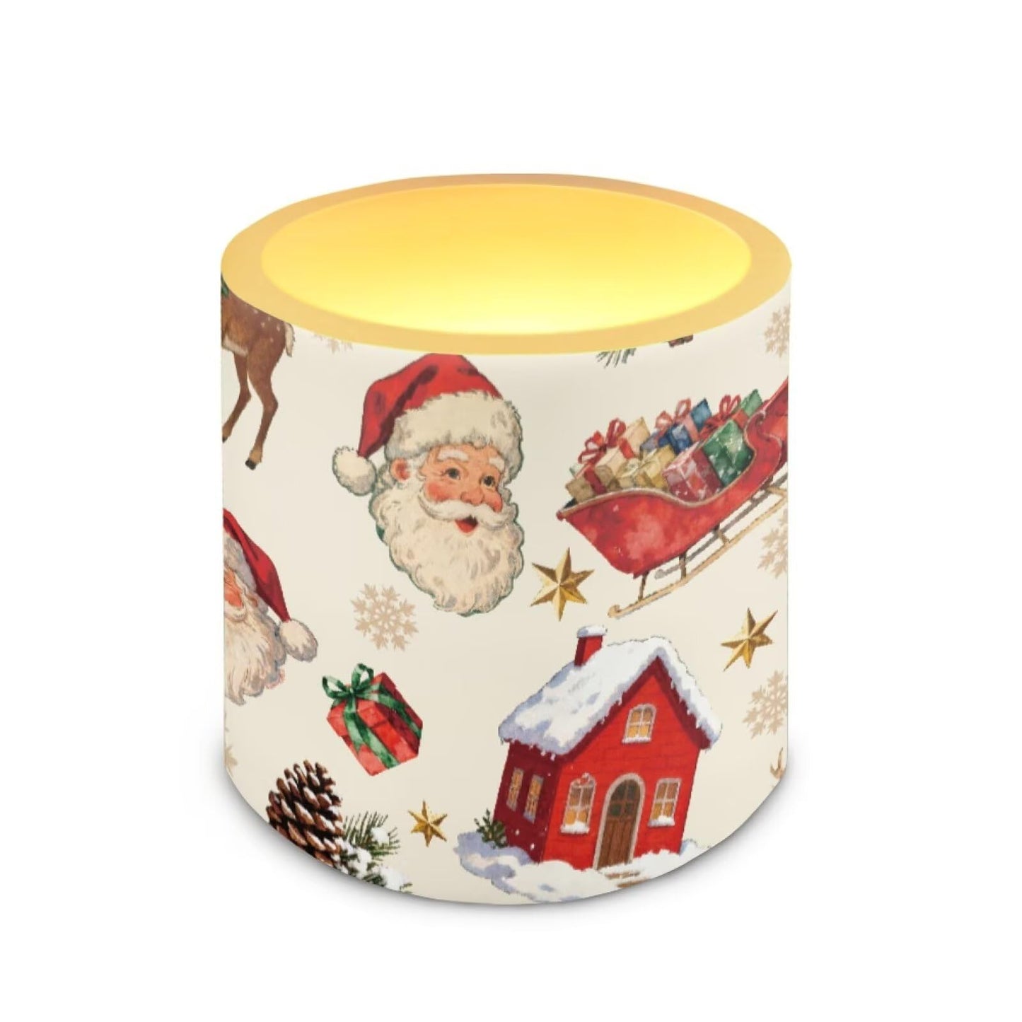 Poceacles LED Flameless Candles Set of 4 Battery Operated Fake Flickering Candles, Outdoor Indoor Tealights for Holiday Festival Christmas Decorations, Santa Claus Sleigh Christmas Wreath Beige