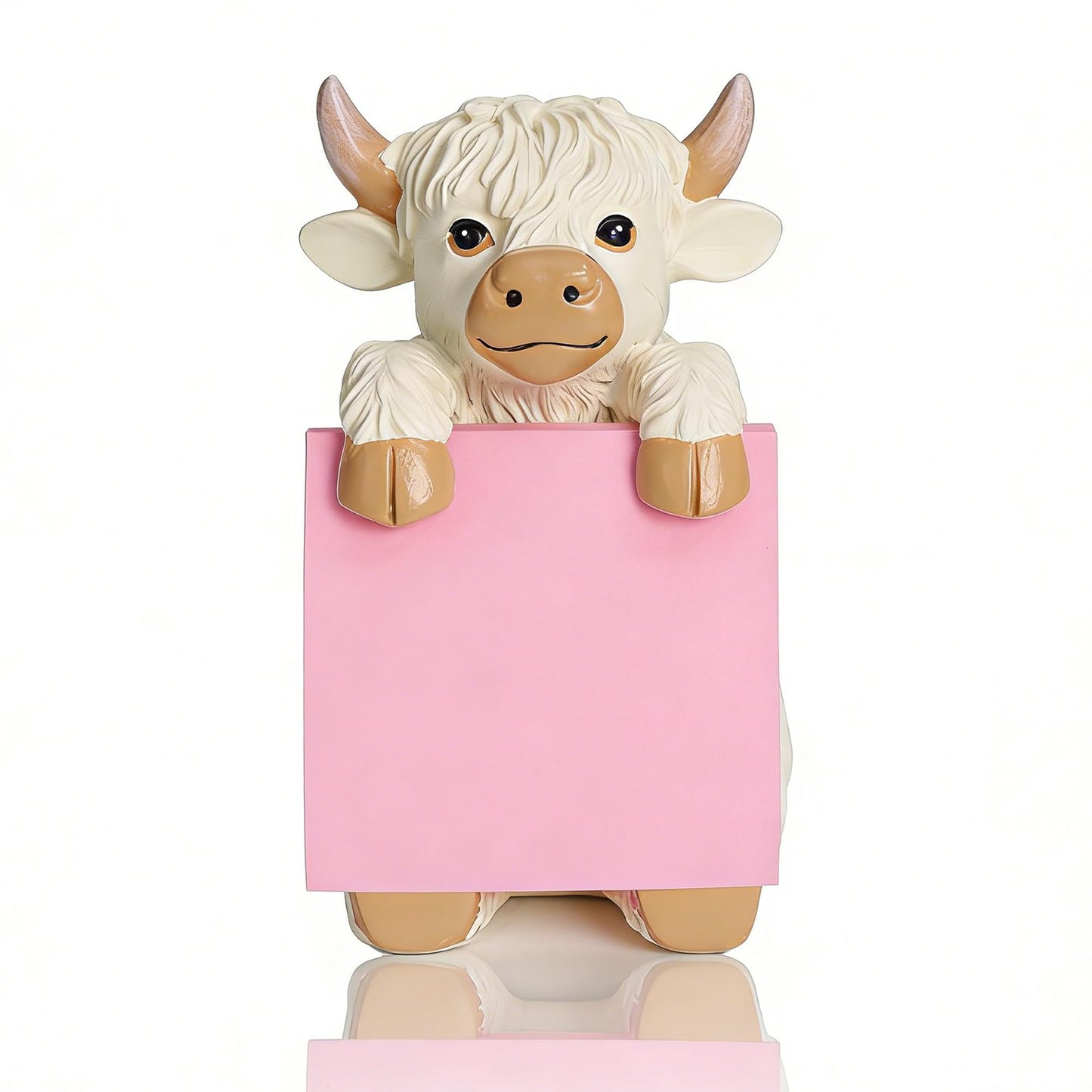 HORTIX Highland Cow Pop-up Sticky Note Dispenser, Includes 1 Pad of 3x3 in Super Sticky Notes, 100 Sheets, Resin Cute Handmade Desk Holder for Office & Home-Beige