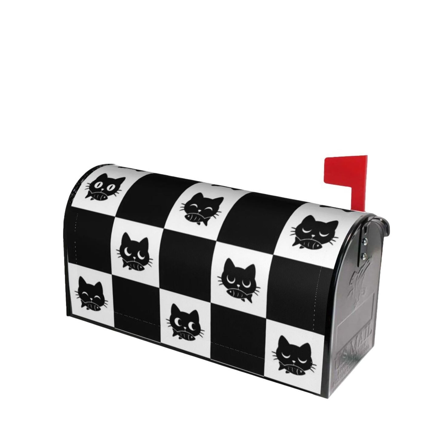Black and White Checkered Cat with Fish Mailbox Covers, Mail Wraps Yard Home Decor for Outdoor Garden Standard Size 21x18 in