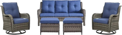 Rilyson Wicker Patio Furniture Set - 5 Piece Rattan Outdoor Sectional Conversation Sets with 2 Rocking Swivel Chairs,2 Ottomans and 1 Sofa for Porch Deck Garden(Mixed Grey/Blue)