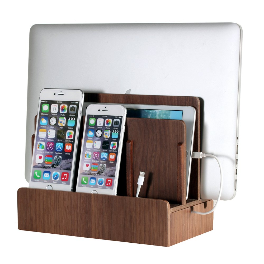 G.U.S. The Original Multi Charging Station | Home Office Desktop Charging Station for Multiple Devices | for Laptops, Tablets, Smart Phone | Phone Holder, Station Dock & Organizer - Walnut