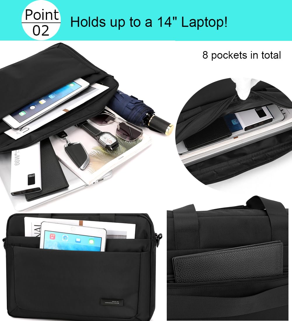 zhongningyifeng Laptop Bag 14 Inch Briefcase for Men Women Waterproof Nylon Lightweight, Shoulder Computer Messenger Bag for Business Office Work Travel College Black