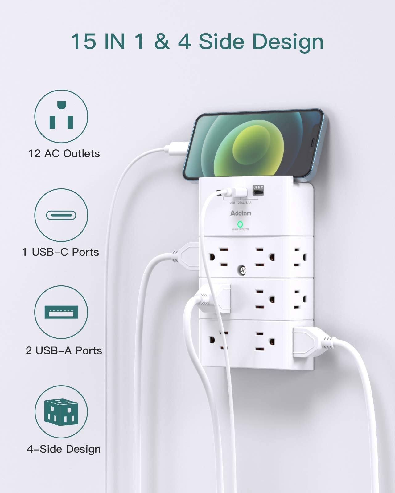 Addtam Multi Plug Wall Outlet, Surge Protector Wall Mount with 12 Outlet Extender 4 Sides and 3 USB Ports (1 USB-C), Outlet Splitter Power Strip for Home Office Dorm Room Essentials, White