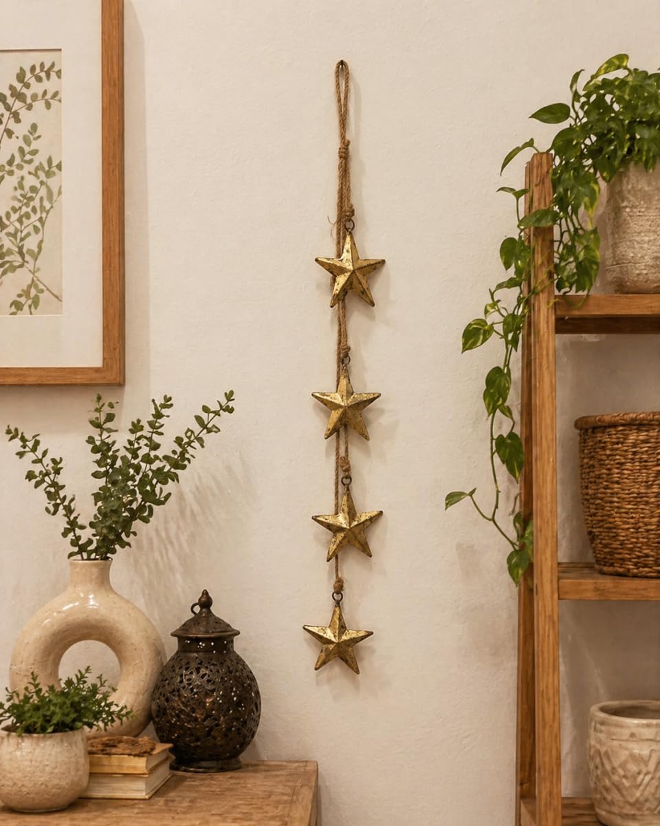 Rustic Gold Star Garland with Rope – Handmade Brass Metal Hanging Star Cluster for Farmhouse, Cow Bell Cluster, Christmas, Holiday, and Outdoor Garden Decor (Star Garland 24")