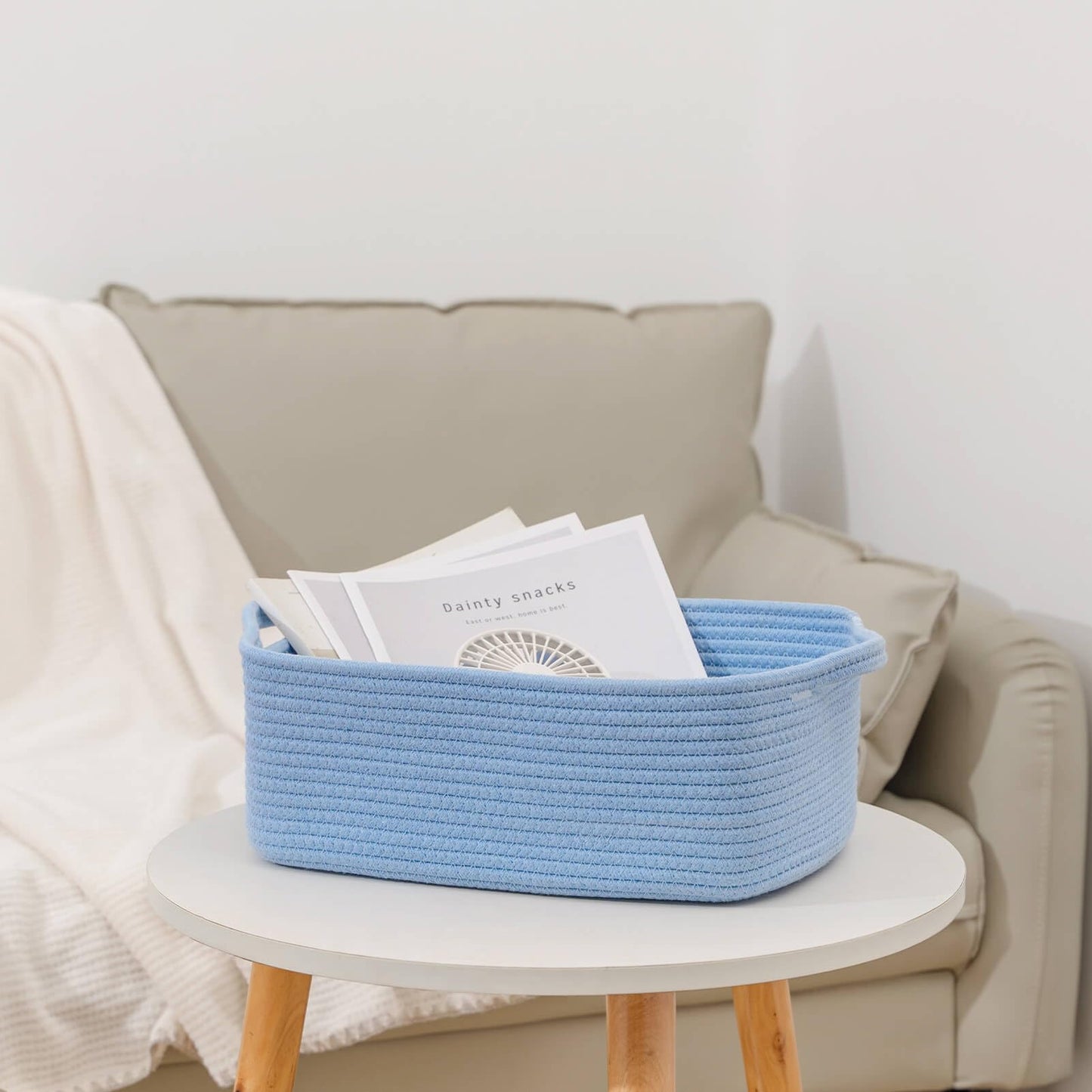 CubesLand Cute and Durable Small Cotton Rope Basket for Organizing, Woven Closet Storage Bin,Shelves Closet Storage Basket, Bathroom Storage Organizer Bin, Nursery Toy Basket Bin, Blue Basket