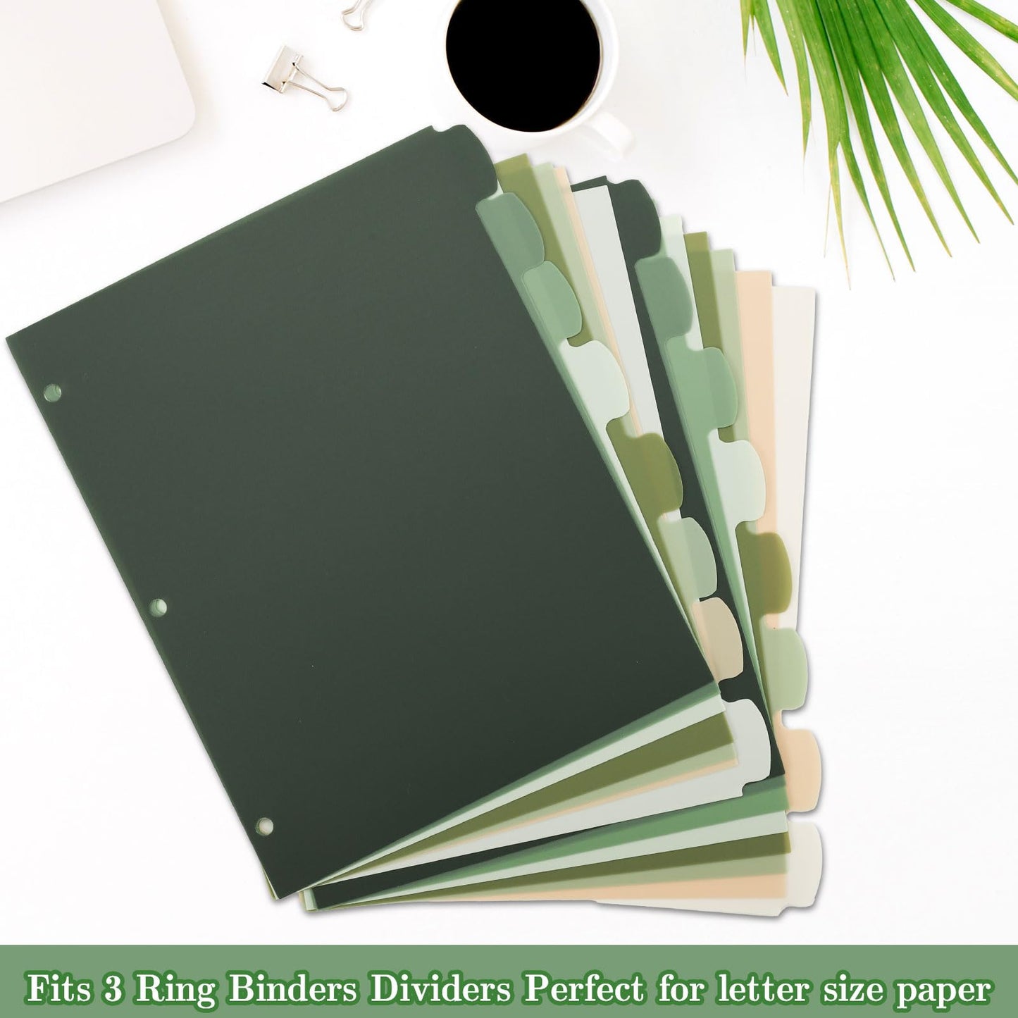 Whaline 64 Pcs/ 8 Set Sage Green 3 Ring Binder Dividers Colorful Index Dividers Plastic Page Folder Divider Sheets Protectors for Notebook Home Office Classroom Supplies