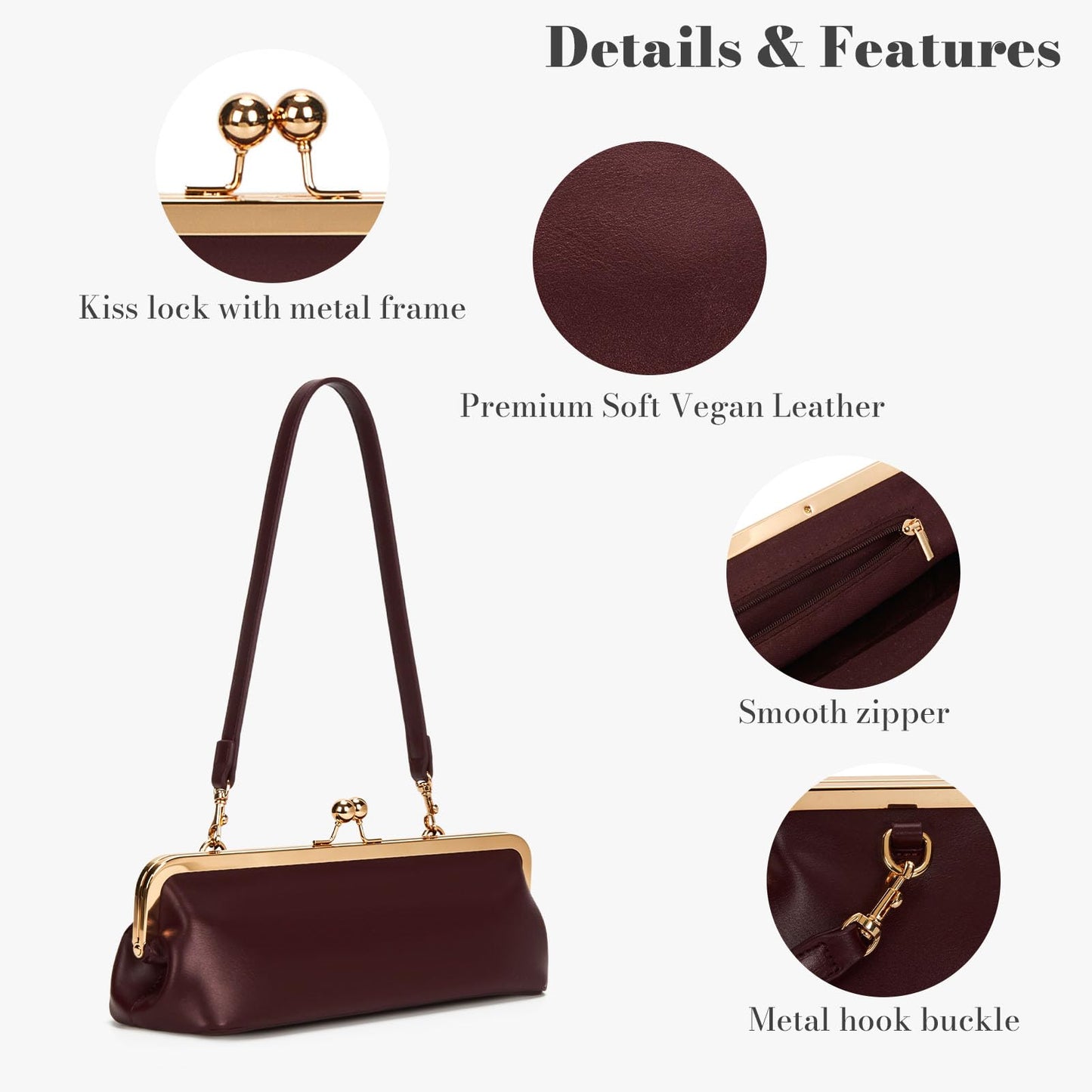 CATSEA Women's Kiss Lock Shoulder Bag, Classic Small PU Purse with Gold Tone Frame, Underarm Bag for Party, Date, Evening (Red)