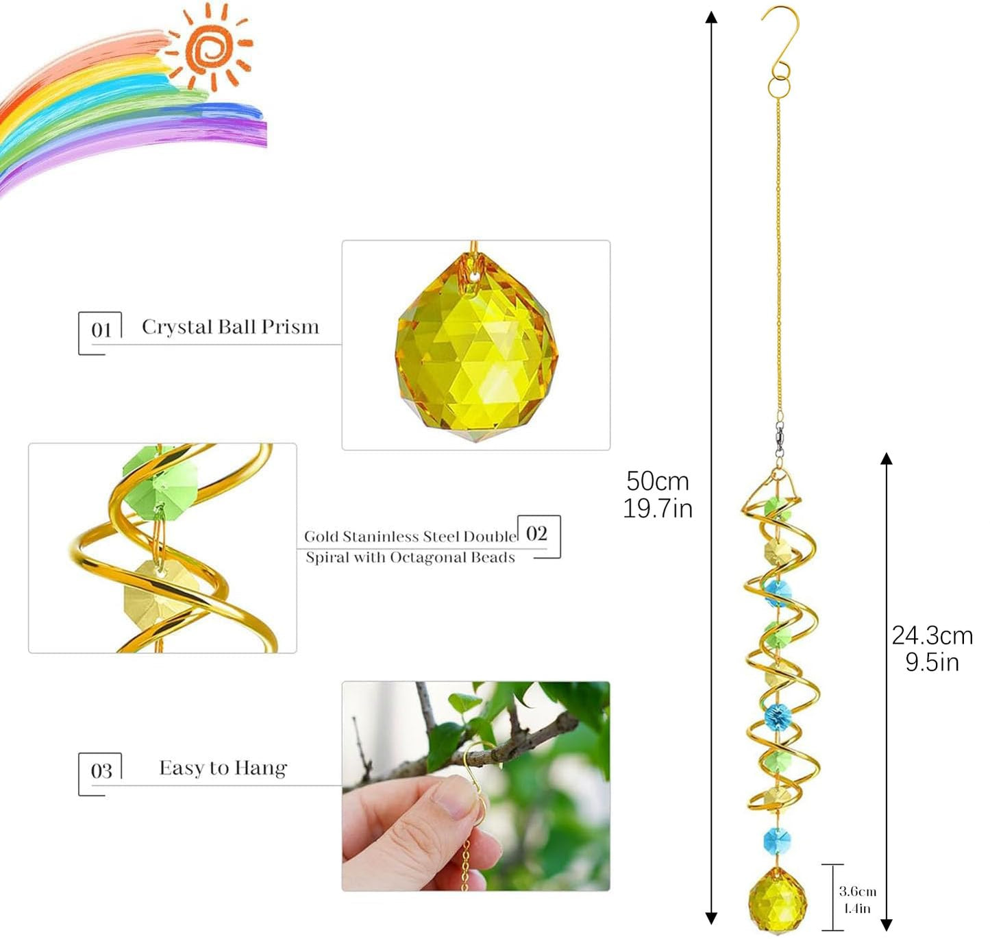 H&D HYALINE & DORA Glass Gazing Ball Spiral Tail Decorative Sun Catcher,20.5in Rainbow Maker Double-Spiral W/Yellow Crystal Ball Prism Sun Catcher for Indoor Outdoor Garden Decoration