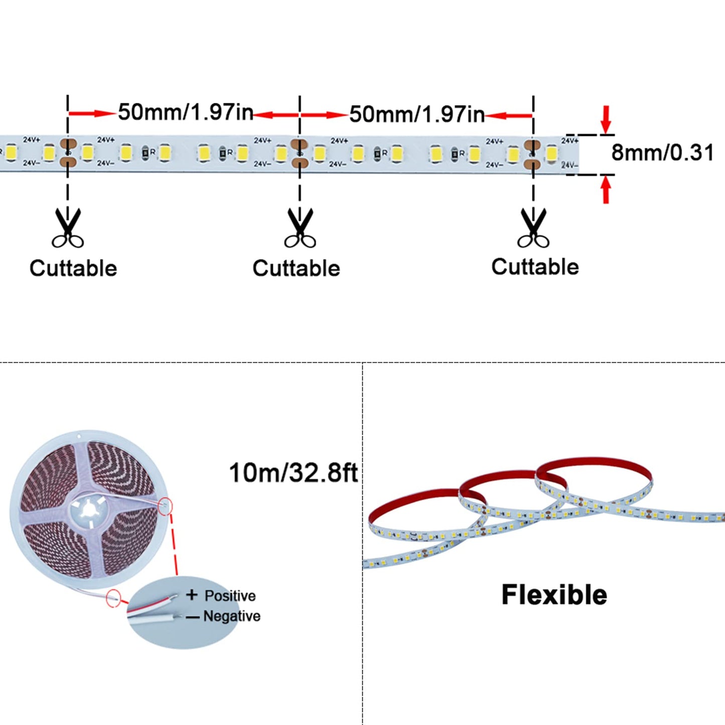 KXZM DC 24V 32.8ft(10M) LED Strip Light Natural White 4000K 1200LEDs 2835 SMD 90W High Brightness 7200LM No-Waterproof IP20 Flexible Ribbon for Hallways Stairs Decoration Lighting(No Power Supply)
