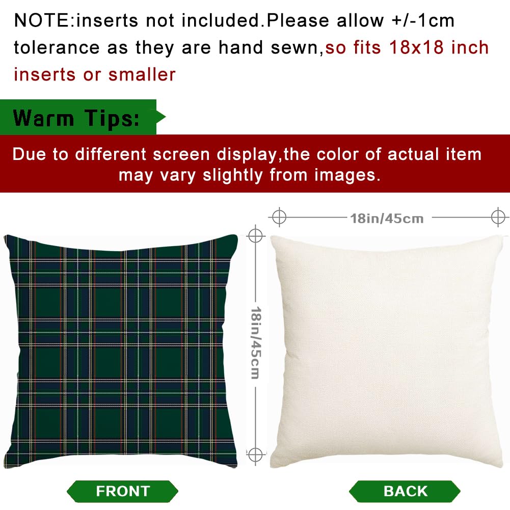 RABUSOFA Christmas Pillow Covers 18x18 Inch Set of 2 Indoor Outdoor Waterproof Scottish Tartan Plaid Classic Throw Decorative Cushion Cases for Christmas Decor Decorations Couch Patio Dark Green