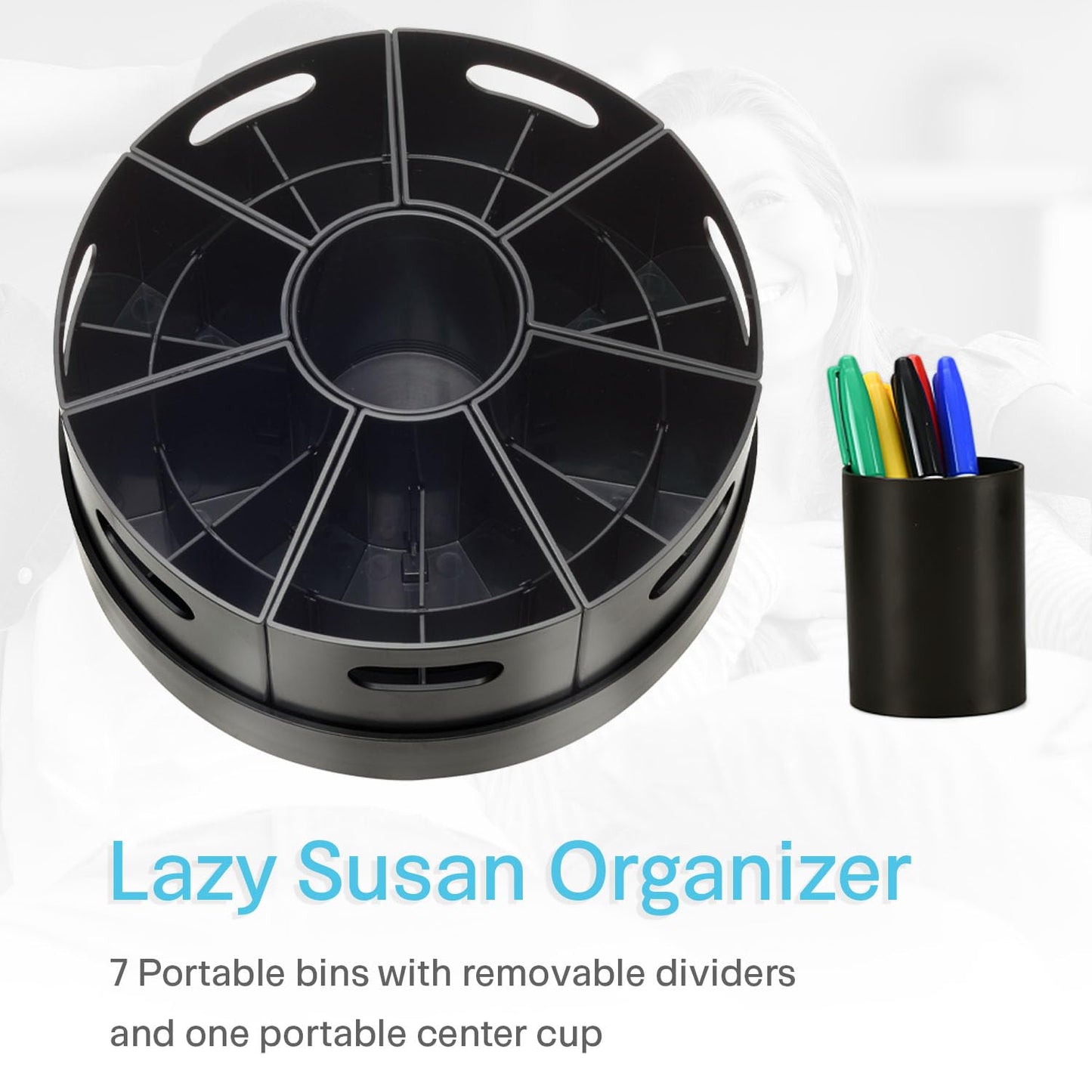 PUZZLE EZ Black Rotating Desk Organizer Lazy Susan Caddies for Home School Office Supplies, Pens, Markers and Art Supplies for Classroom