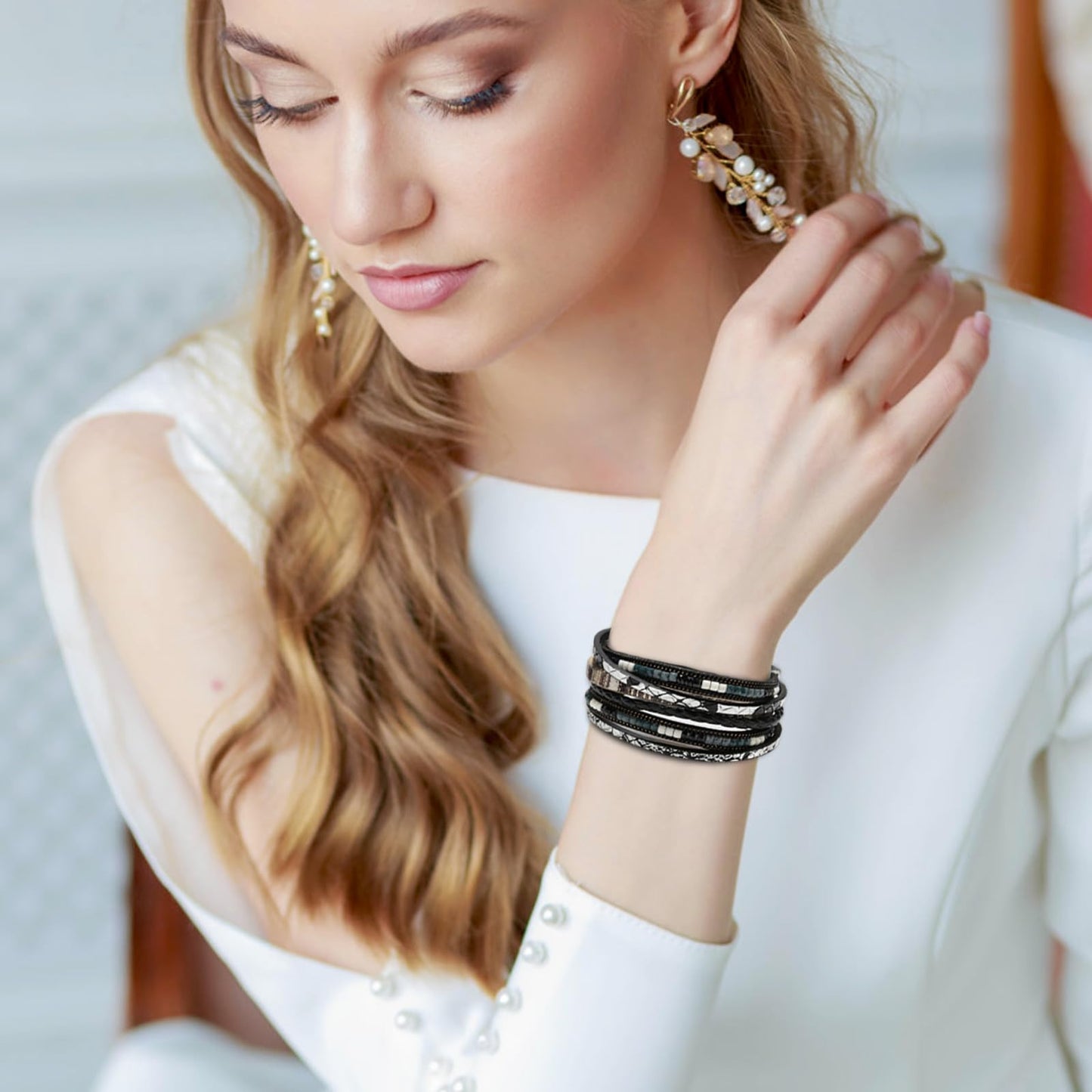Fesciory Leather Wrap Bracelets for Women, Boho Leopard Multi-Layer Crystal Beads Cuff Bracelet Jewelry (Boho Braid(Black))