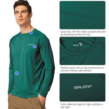 baleaf Mens UPF 50+ Sun Protection Shirts Long Sleeve Rash Guard, Quick Dry 4-Way Stretch for Fishing Swimming Surfing 01-Emerald L