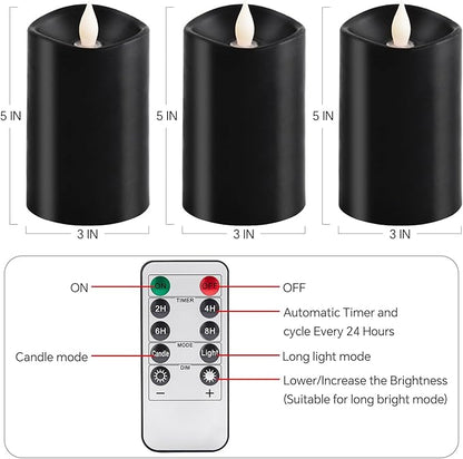 3PCS, 3 x 5 inches Flameless Candle with Remote Control, 3D Flickering Wick, Real Wax Pillar LED Candles, Battery Candles,with Timer,for Holiday Home Decor, Black