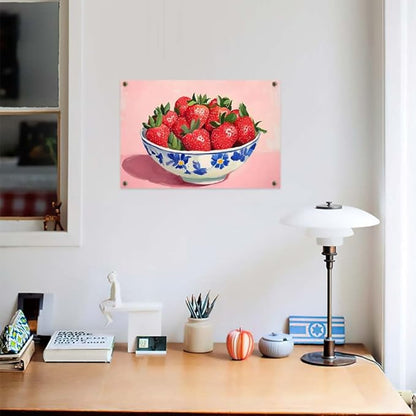 Yesad Strawberry Wall Art Print, Pink Kitchen Wall Décor Fruits Prints Canvas Wall Art Vintage Painting Pictures Modern Wall Décor for Living Room Dining Room Bedroom (Unframed,36”x24”, Strawberry)