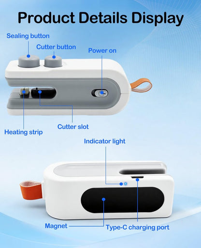 3-in-1 Mini Bag Sealer with Cutter and Magnet,Rechargeable Handheld Bag Sealer,Portable Heat Sealer for Heavy-Duty Plastic Snack & Chip Bags, Food Saver, Kitchen Storage