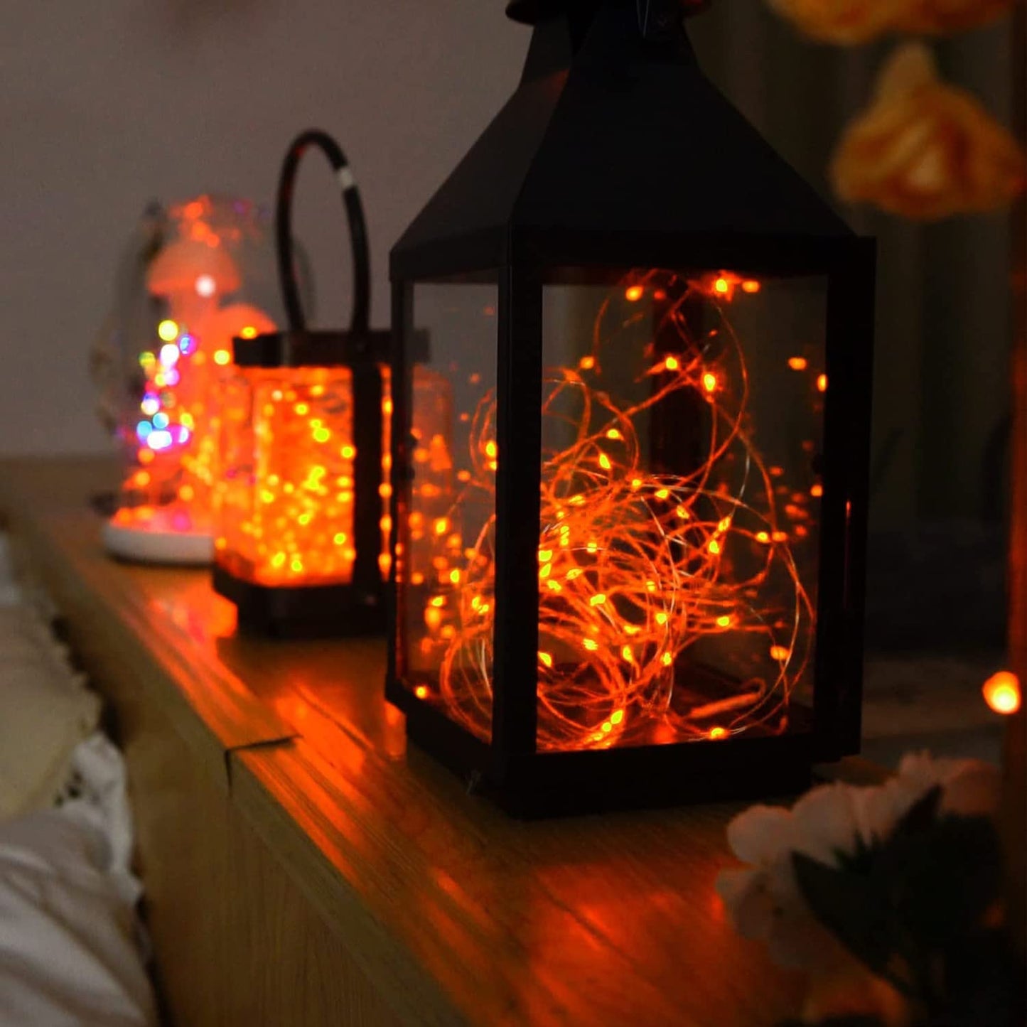 RUICHEN Plug in Fairy Lights with Switch, Waterproof 33 Ft 100 LED Silver Wire Starry String Firefly Lights for Christmas, Halloween, Thanksgiving, Parties, Ceiling, Vases, Craft, Orange