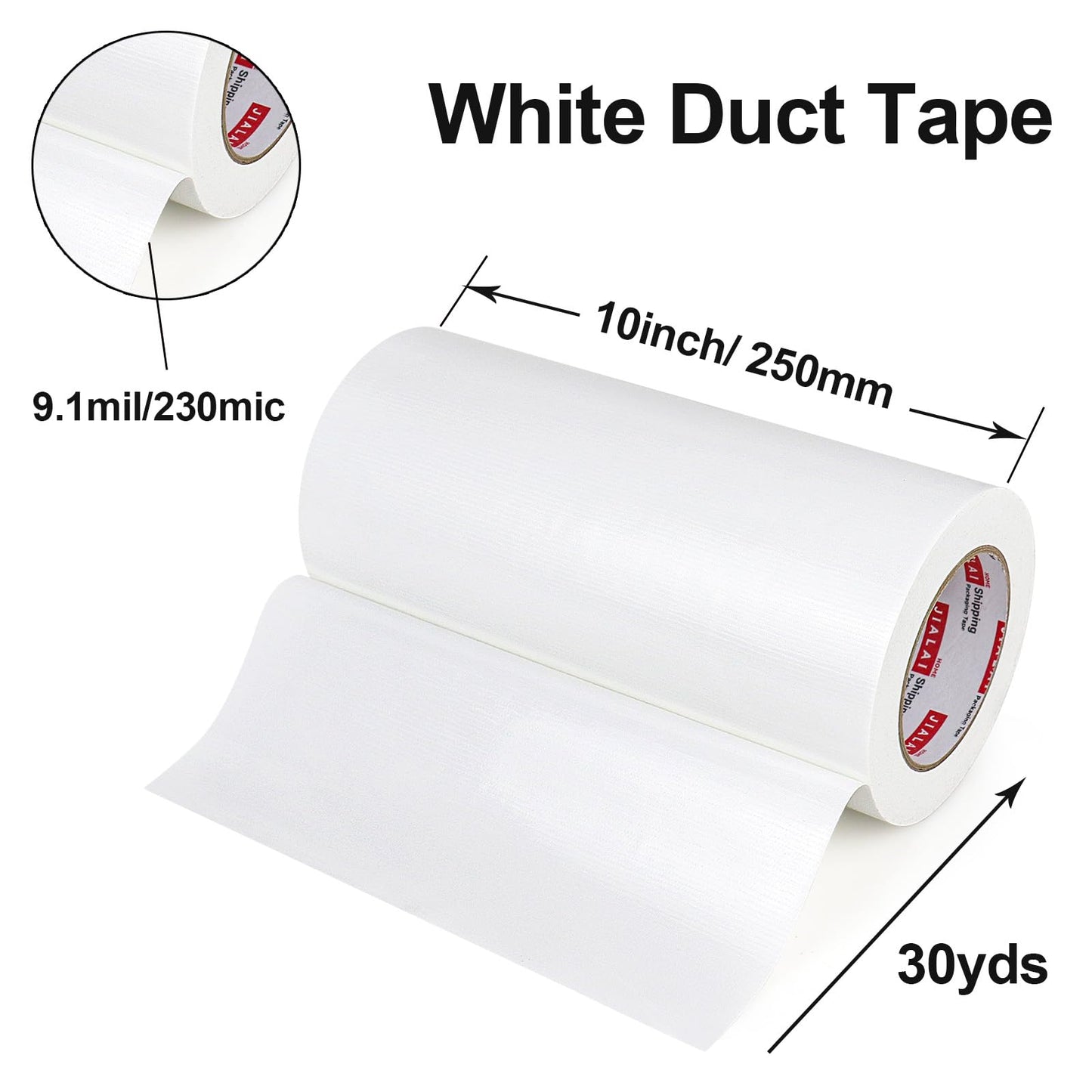 JIALAI HOME 10" Wide White Duct Tape, Heavy Duty Waterproof Tape 10 Inches x 30 Yards, 9 Mil, Strong, Flexible, No Residue, UV Resistant for Crafts & Home Improvement