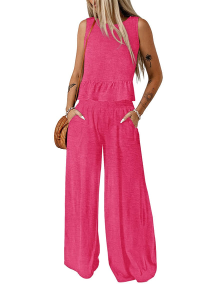Dokotoo Pants Sets Women 2 Piece Outfits Sleeveless Round Neck Tank Tops Matching Sets for Women Elastic Waist Wide Leg