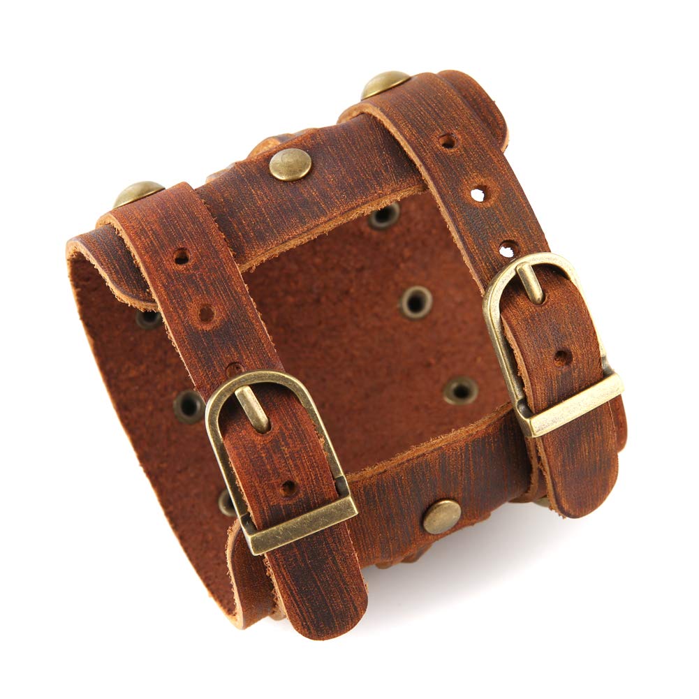 STWTR Men's Wide Cuff Wristband Punk Rock Motorbike Wide Belt Leather Bracelet (Brown-C)