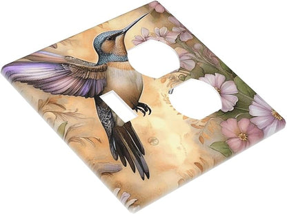 Decorative Art Light Switch Covers Blossom & Hummingbird 2 Gang Single Toggle Duplex Combination Electrical Faceplate Switchplate Wall Plate for Home Decor