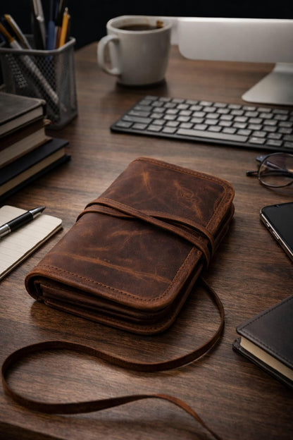 JYOS Leather Carry Case Wrap – Handmade Stationery, Make-Up, or Medicine Pouch with Strap Closure – Compact Fair Trade Accessory (7 x 4 x 1.5 in)
